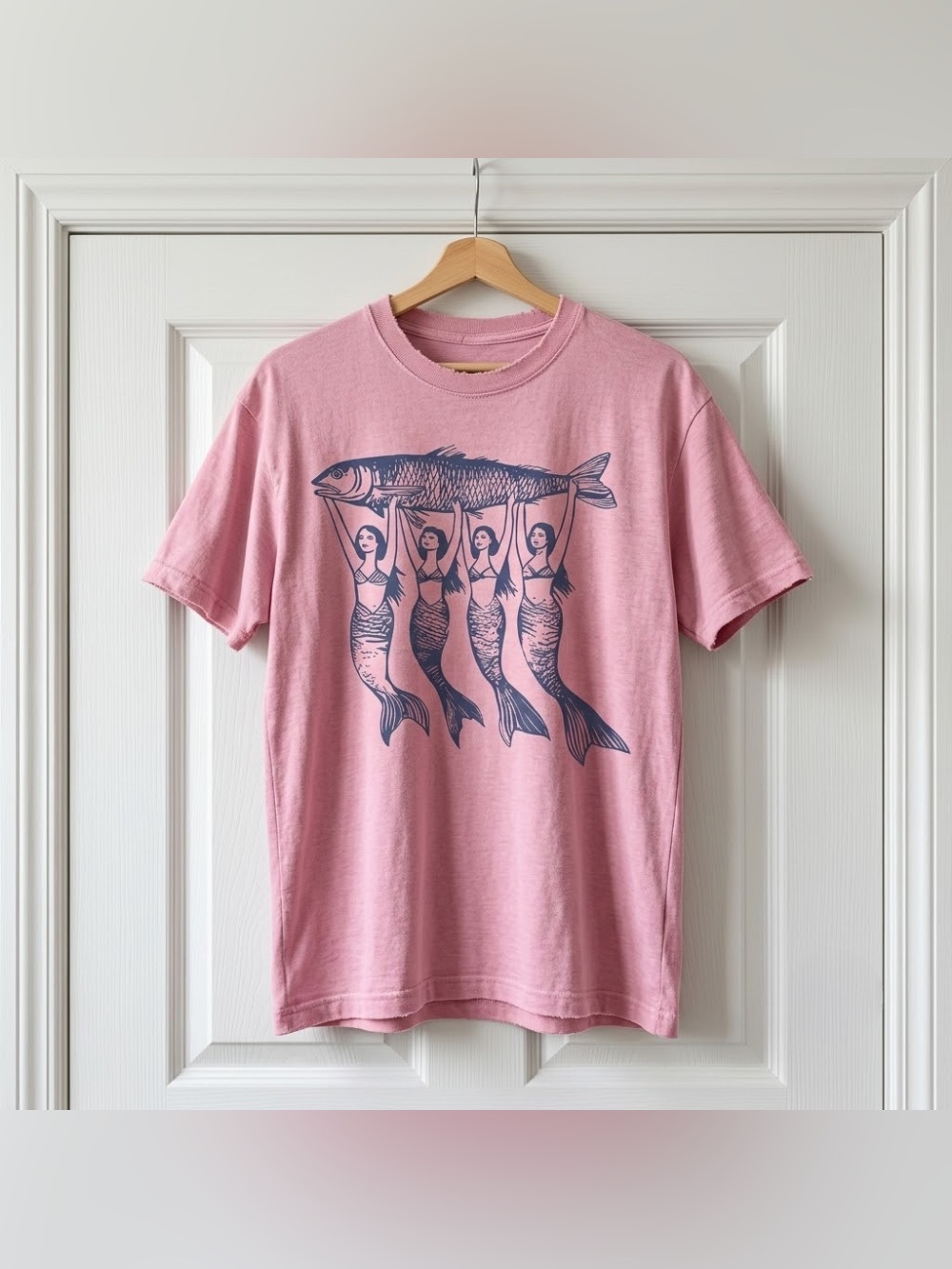 Mermaids Holding Giant Fish Light Pink Ocean Coastal Nature Graphic T-Shirt